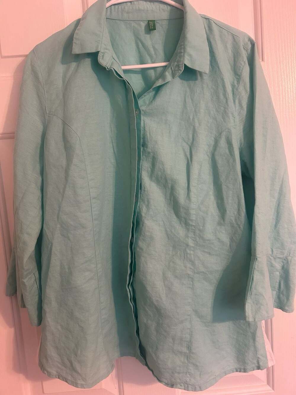 United Colors of Benetton Aqua Blue Linen Button-Down Shirt with Pleated Cuffs